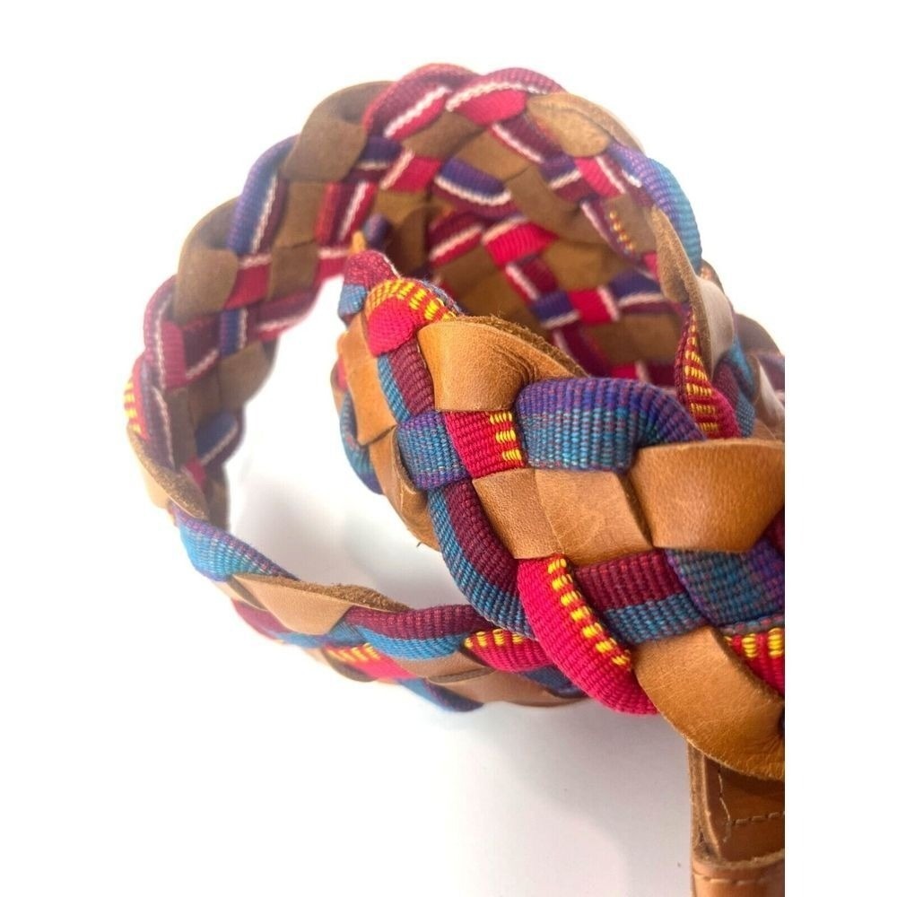 Leather Guatemala Belt Colorful W/ Red Blue Pink & Yellow Woven Strapping Large - Picture 2 of 4